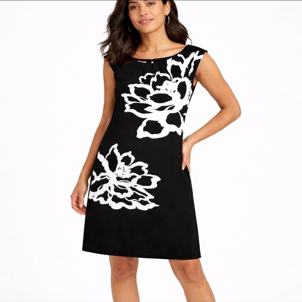 Studio One New York Black White Floral Shift Dress Sleeveless Size 4
